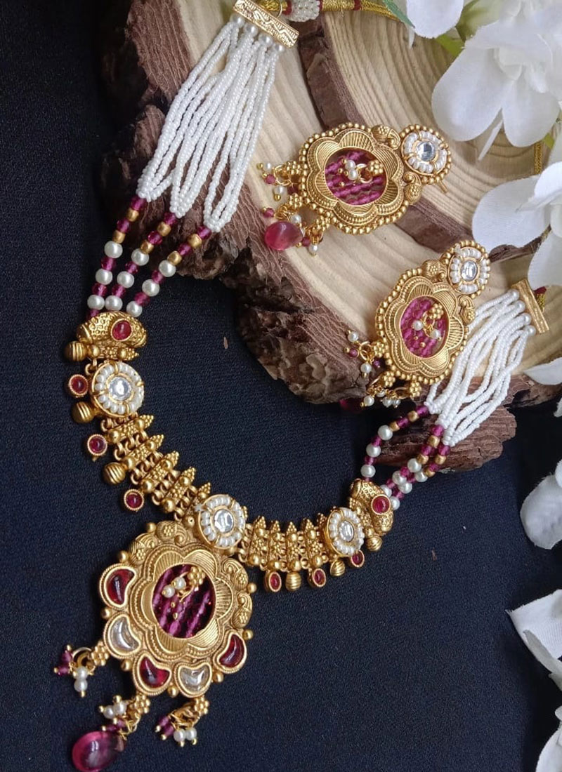 Pink Kundan Beads Pearl Women Necklace Set Wedding Wear