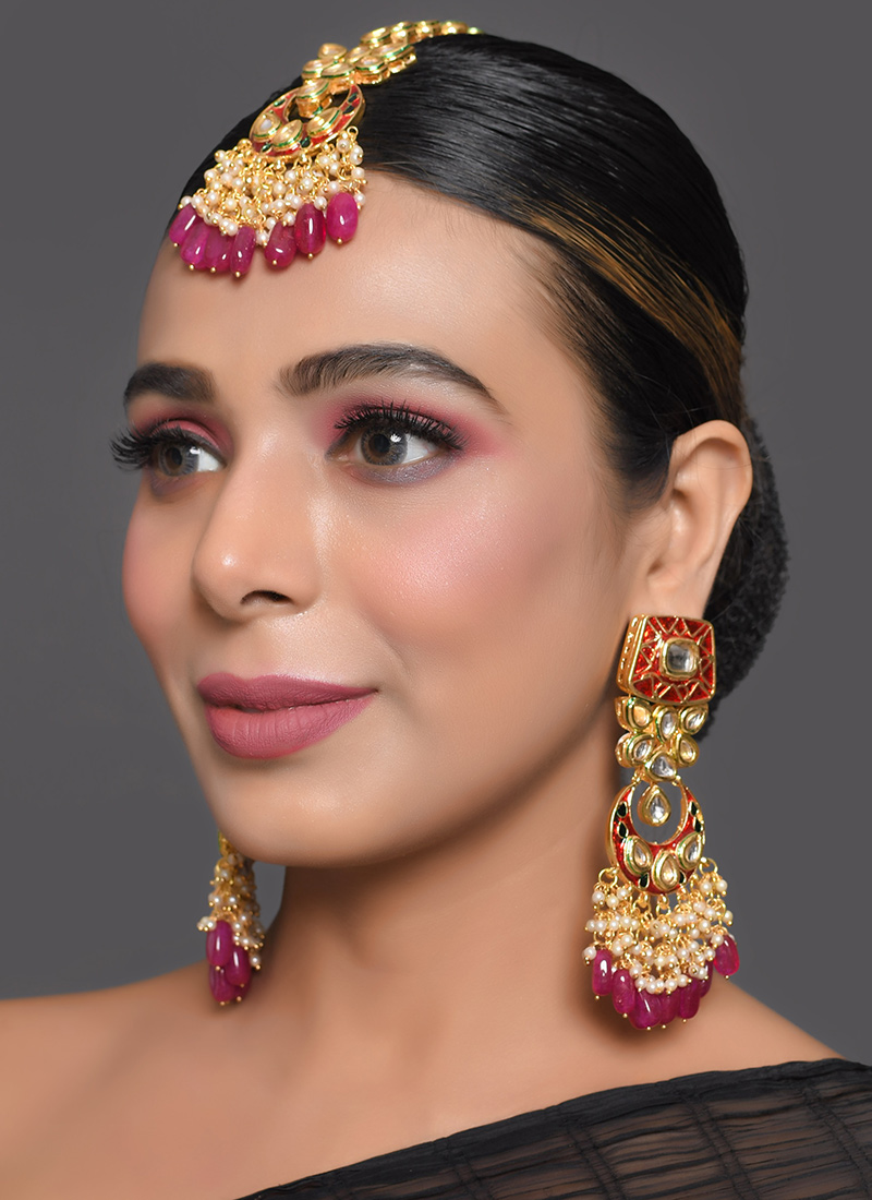 Pink Kundan Drop Earrings Party Wear