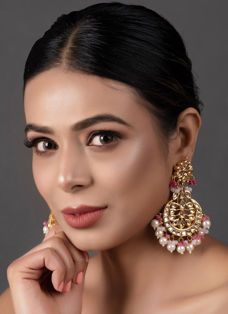Pink Kundan Meenakari And Beads Work Chaand Bali Festive Wear