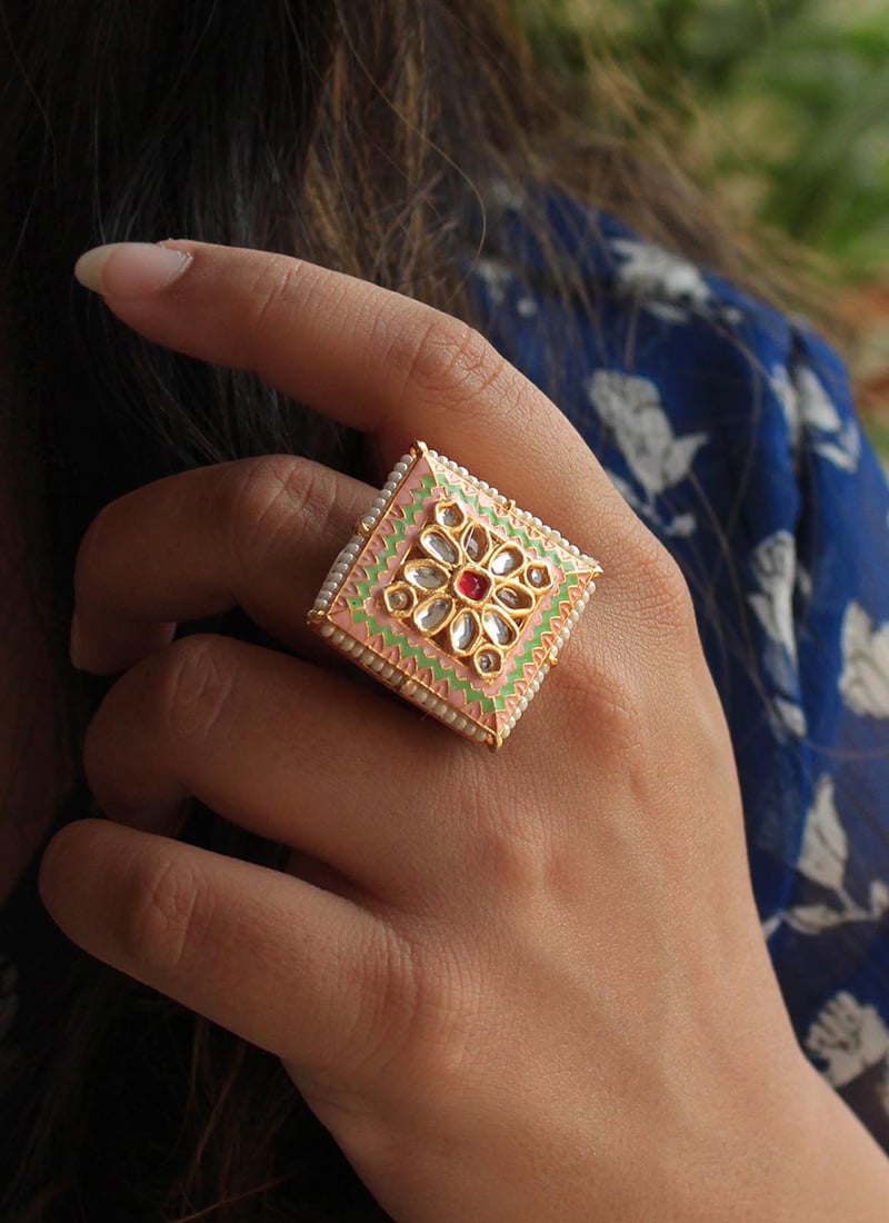 Pink Kundan Meenakari And Beads Work Ring Festive Wear