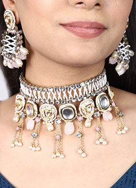 Pink Kundan Moti And Beads Choker