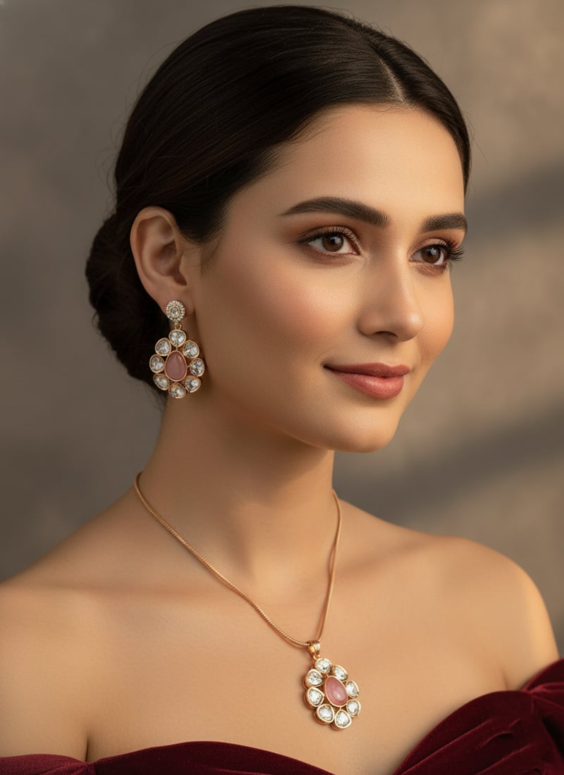 Pink Kundan Pendent Set