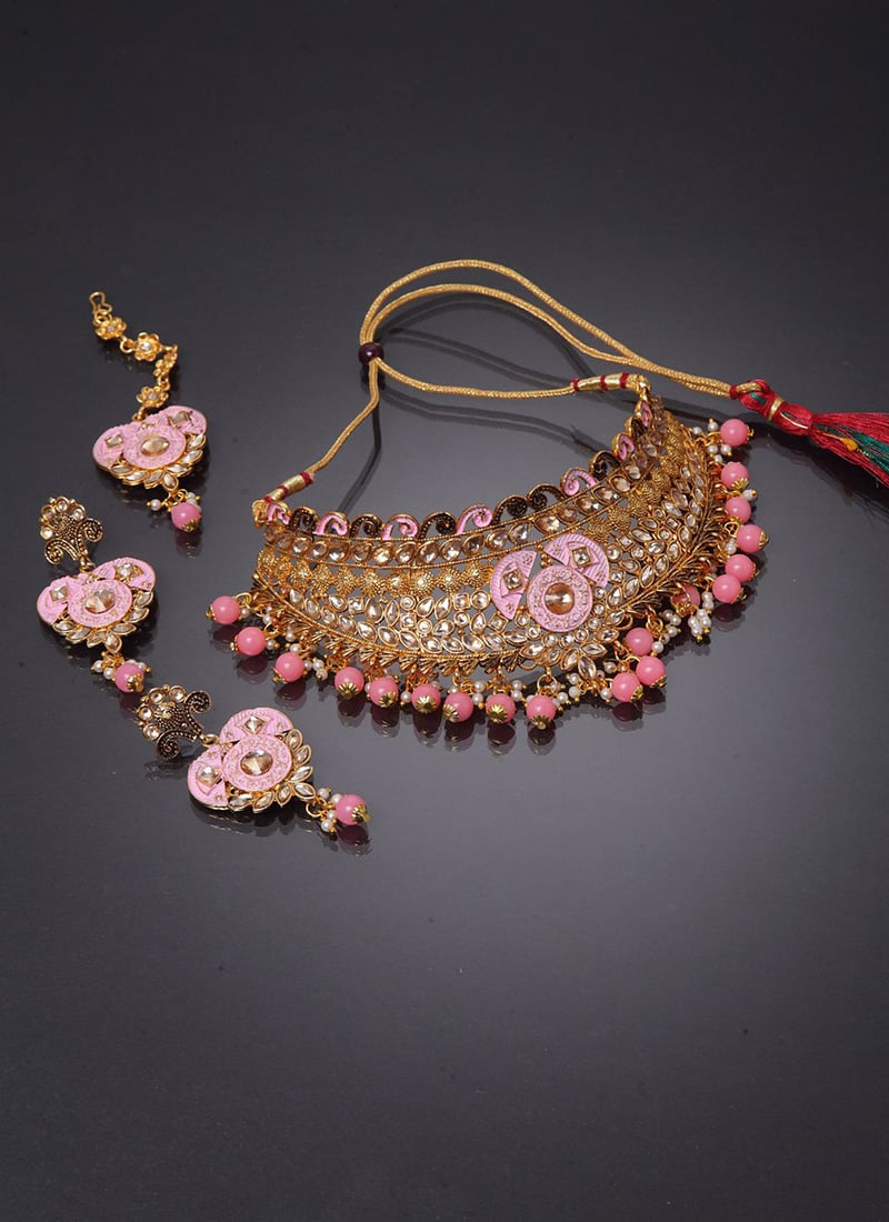 Pink Kundan Tassel Golden Plated Necklace Set