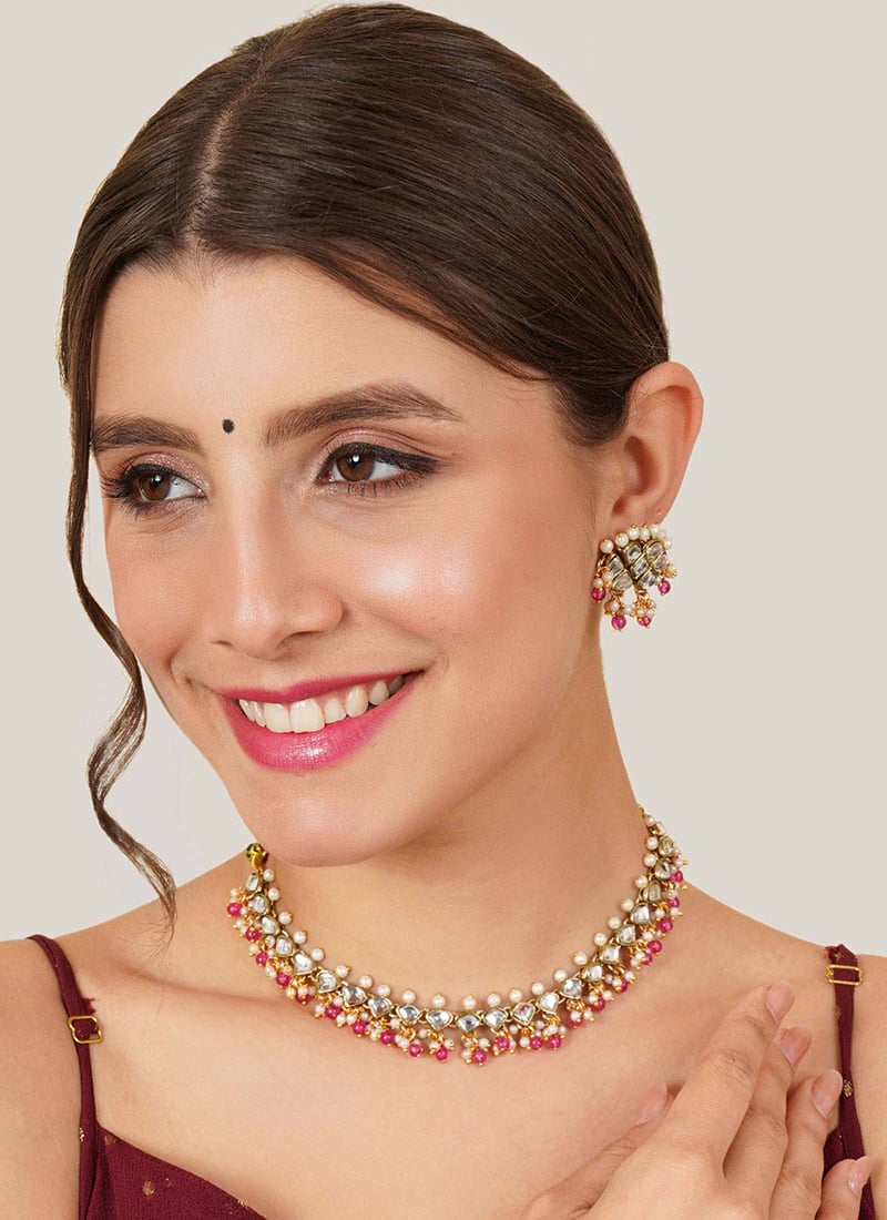 Pink Kundan With Beads And Mothi Work Choker Festive Wear