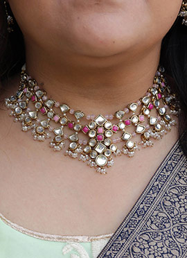 Pink Kundan With Beads And Mothi Work Neckalce