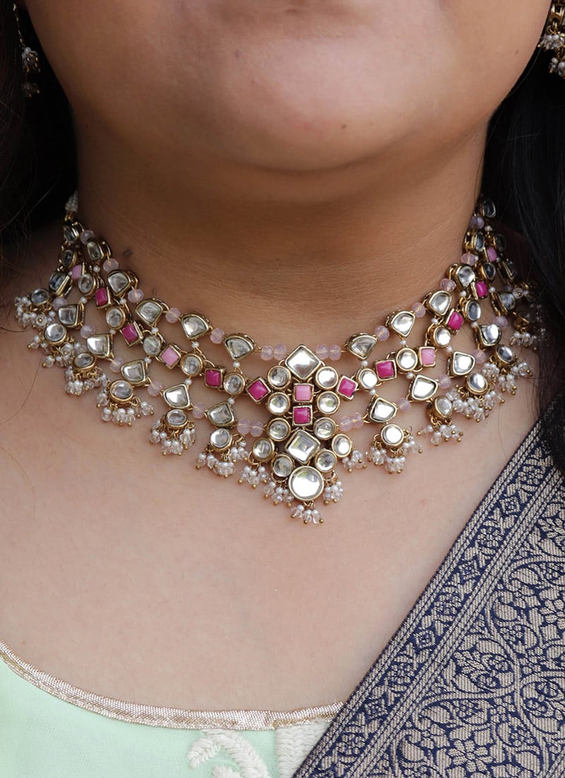 Pink Kundan With Beads And Mothi Work Neckalce Festive Wear