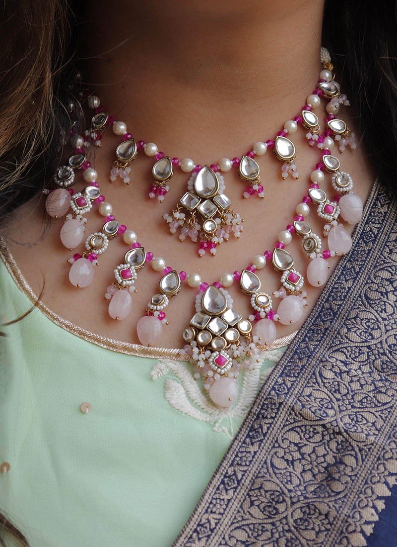 Pink Kundan With Beads And Mothi Work Neckalce Festive Wear