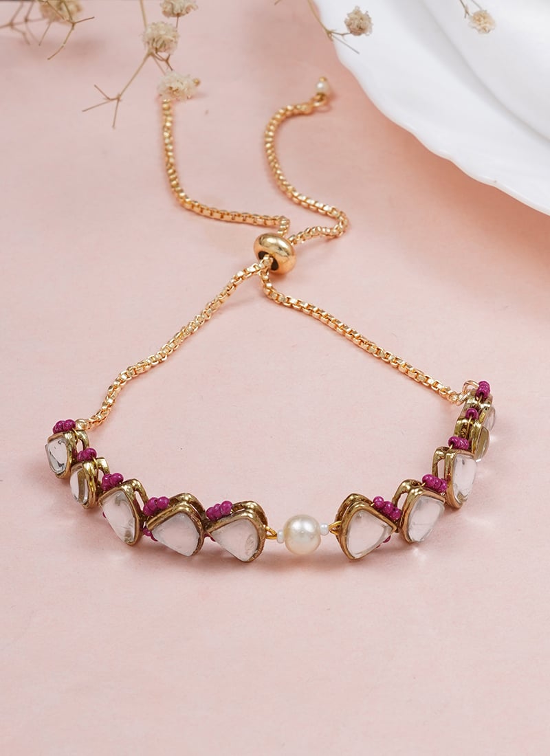 Pink Kundan With Moti And Beads Bracelet Festive Wear