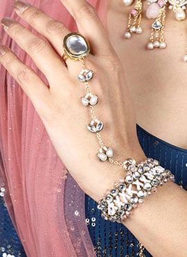 Pink Kundan With Moti And Beads Bracelet