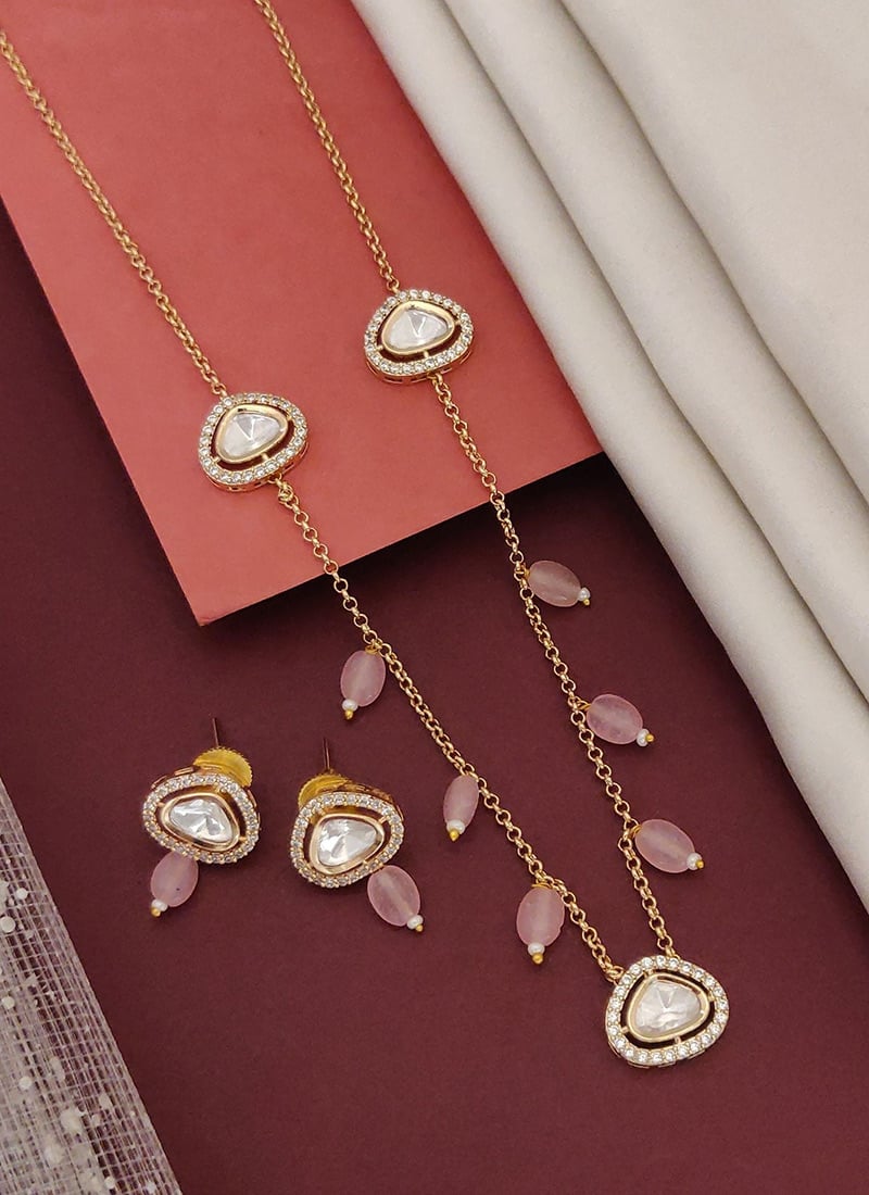 Pink Kundan With Stone Pearl Pendant Necklace Set After Six Wear
