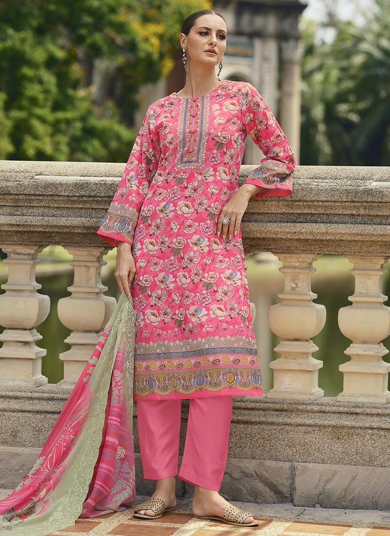 Pink Lawn Cotton Digital Print Embroidered Thread Straight Pant Suit After Six Wear