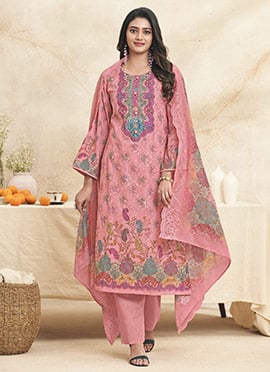 Pink Lawn Cotton Thread Embroidered And Digital Print Straight Pant Suit