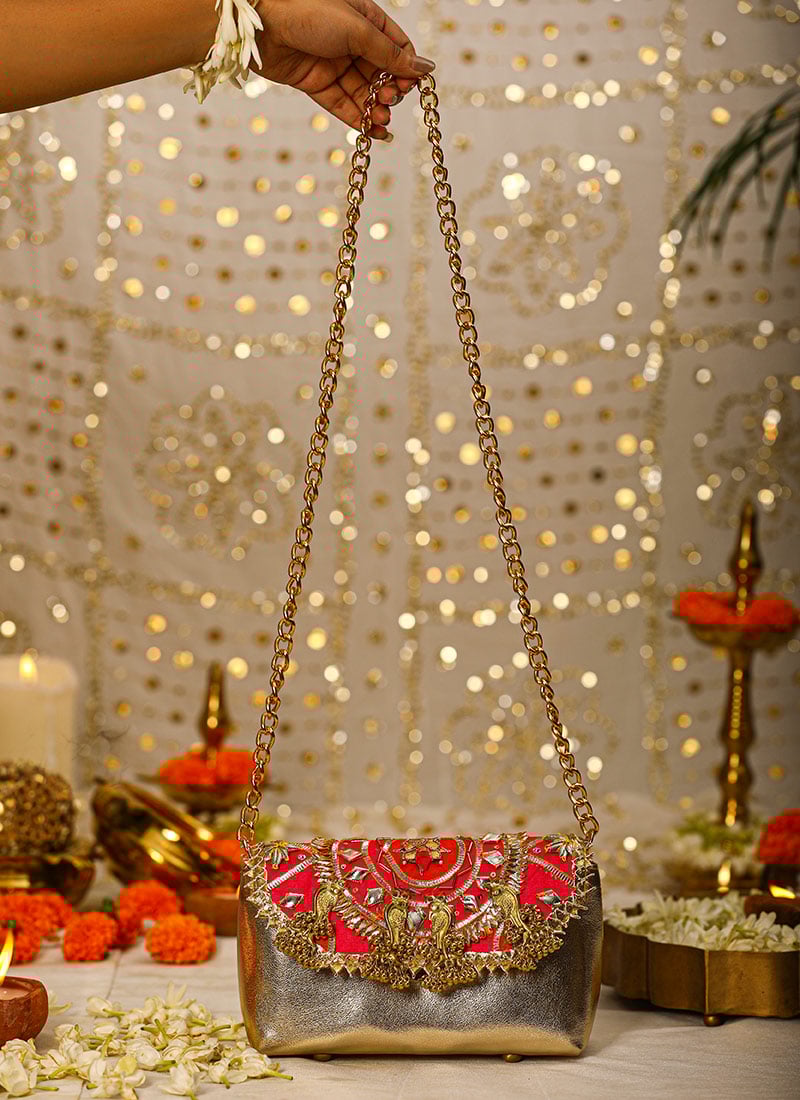 Pink Leather Gota Embroidered Sequins Hand Bag Wedding Wear