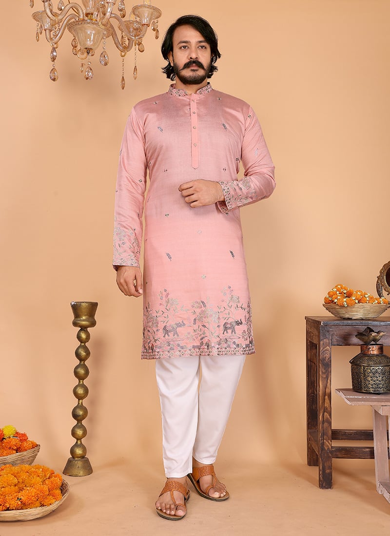 Pink Linen Cotton Embroidered Sequins Kurta Pyjama Festive Wear