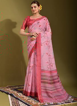 Pink Linen Digital Printed Puja Saree