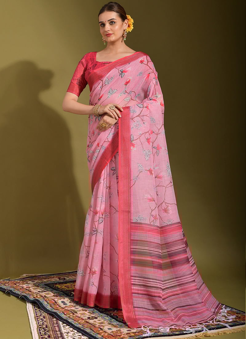 Pink Linen Digital Printed Puja Saree After Six Wear
