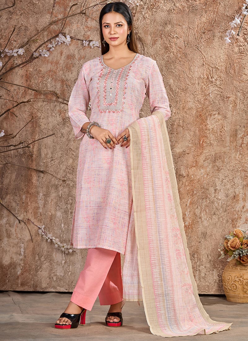 Pink Linen Diwali Straight Pant Suit Embossed With Embroidery And Sequins Festive Wear