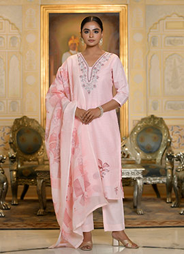 Pink Linen Embroidered Digital Print Straight Pant Suit