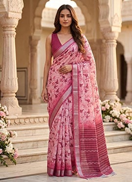 Pink Linen Floral Print Saree