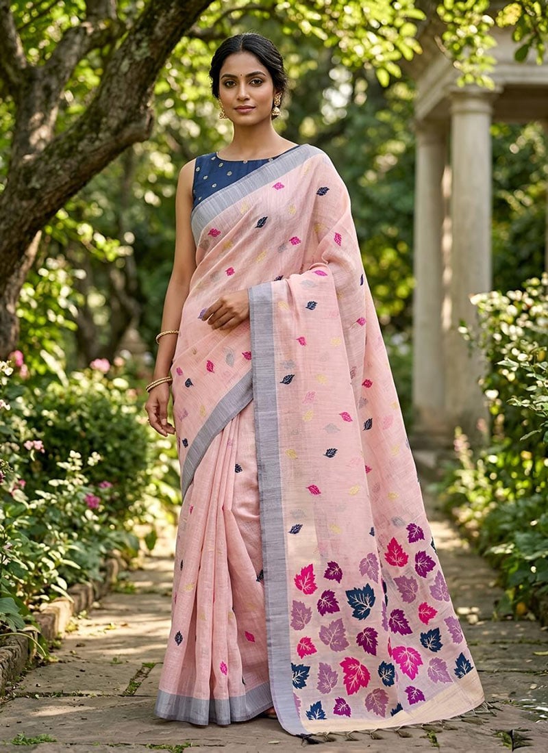 Pink Linen Woven Saree After Six Wear
