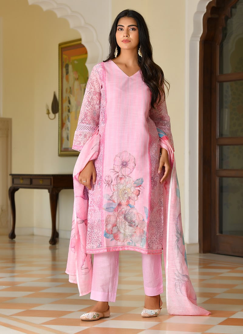 Pink Linen Zardosi And Digital Print Straight Pant Suit After Six Wear