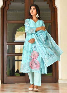 Pink Linen Zardosi And Digital Print Straight Pant Suit