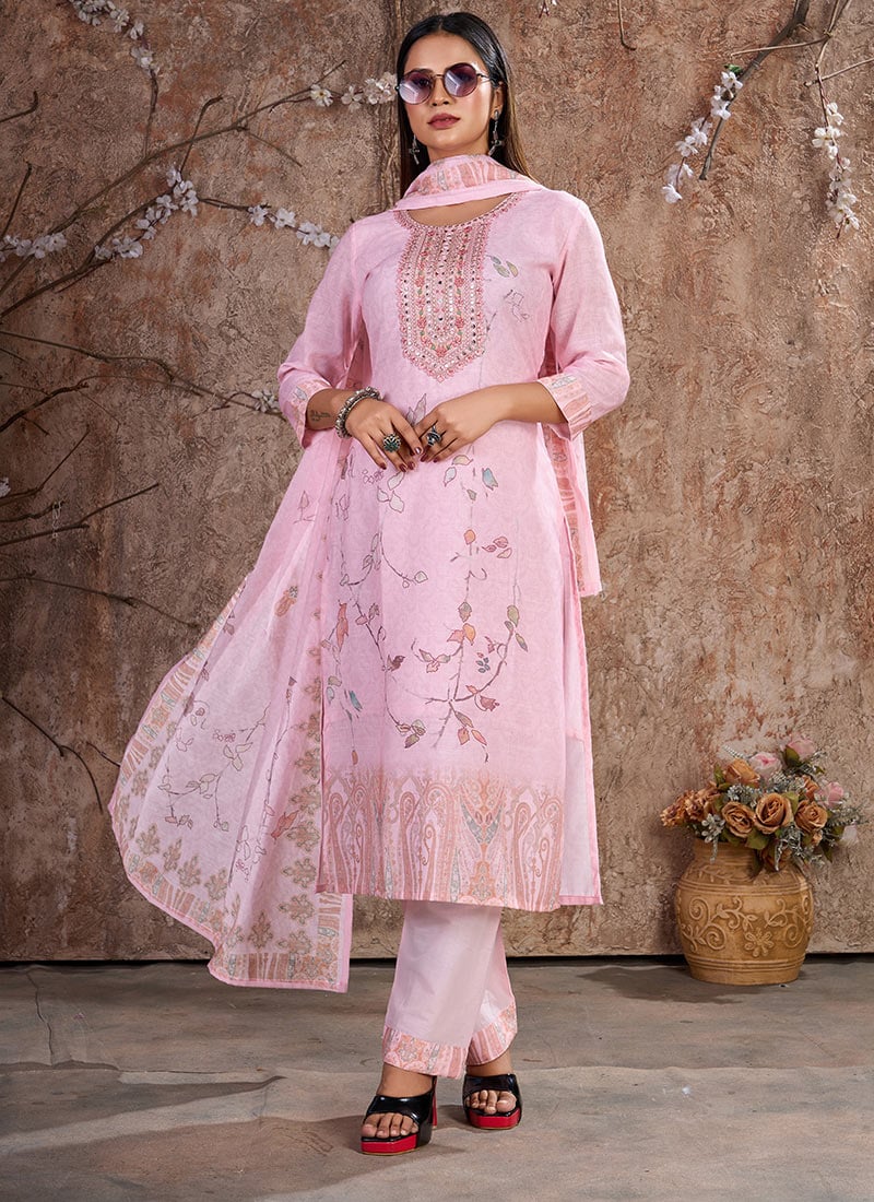 Pink Linen Zari Puja Straight Pant Suit And Embroidery And Sequins Festive Wear-SLSSCK9022