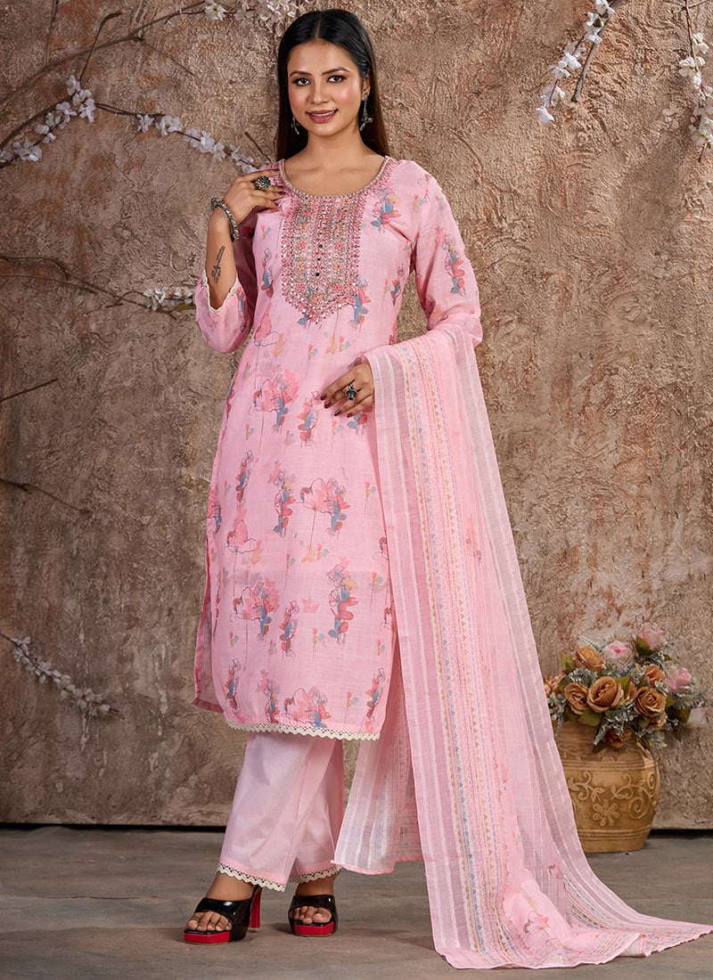 Pink Linen Zari Traditional Straight Pant Suit With Embroidery And Sequins Festive Wear