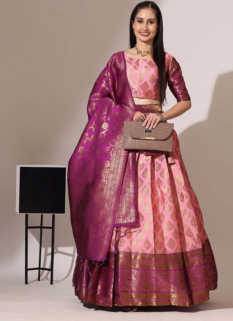 Pink Litchi Silk Jacquard Lehenga For Timeless Elegance Festive Wear