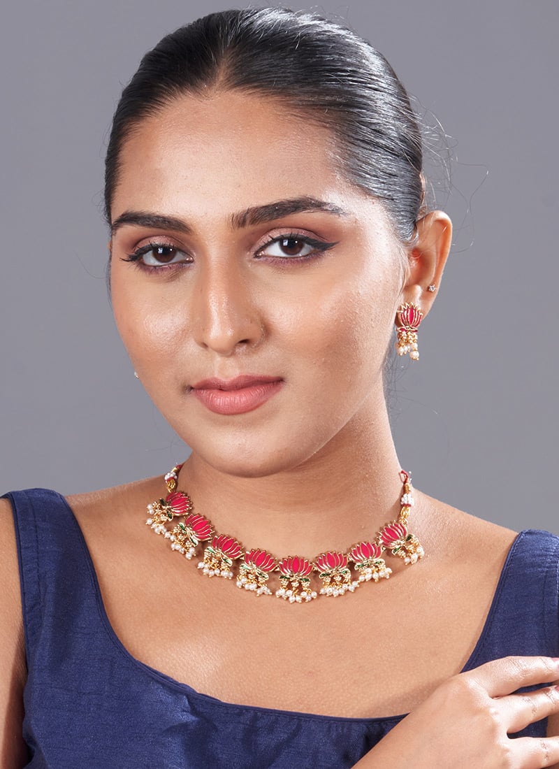 Pink Lotus Choker With Meenakari And Moti Festive Wear