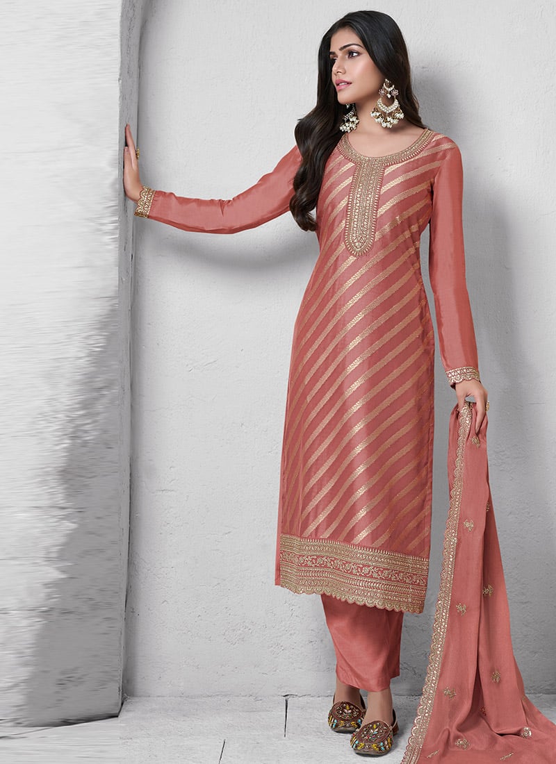 Pink Lotus Silk Zari Embroidered Sequins Pakistani Straight Pant Suit