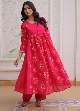 Pink Mal Chanderi Embroidered Kurta Straight Pant Set