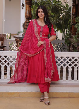 Pink Mal Chanderi Silk Embroidered With Beads Work Anarkali Suit