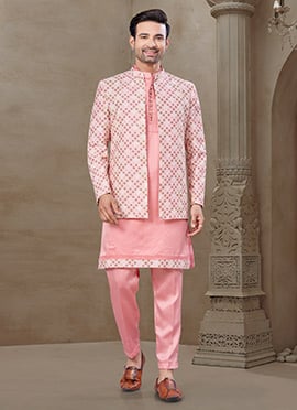 Pink Malai Silk Embroidered Printed Bandi Set