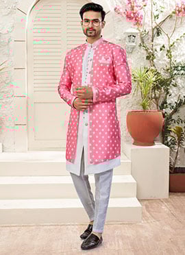 Pink Malbari Banarasi Silk Printed Indowestern Sherwani