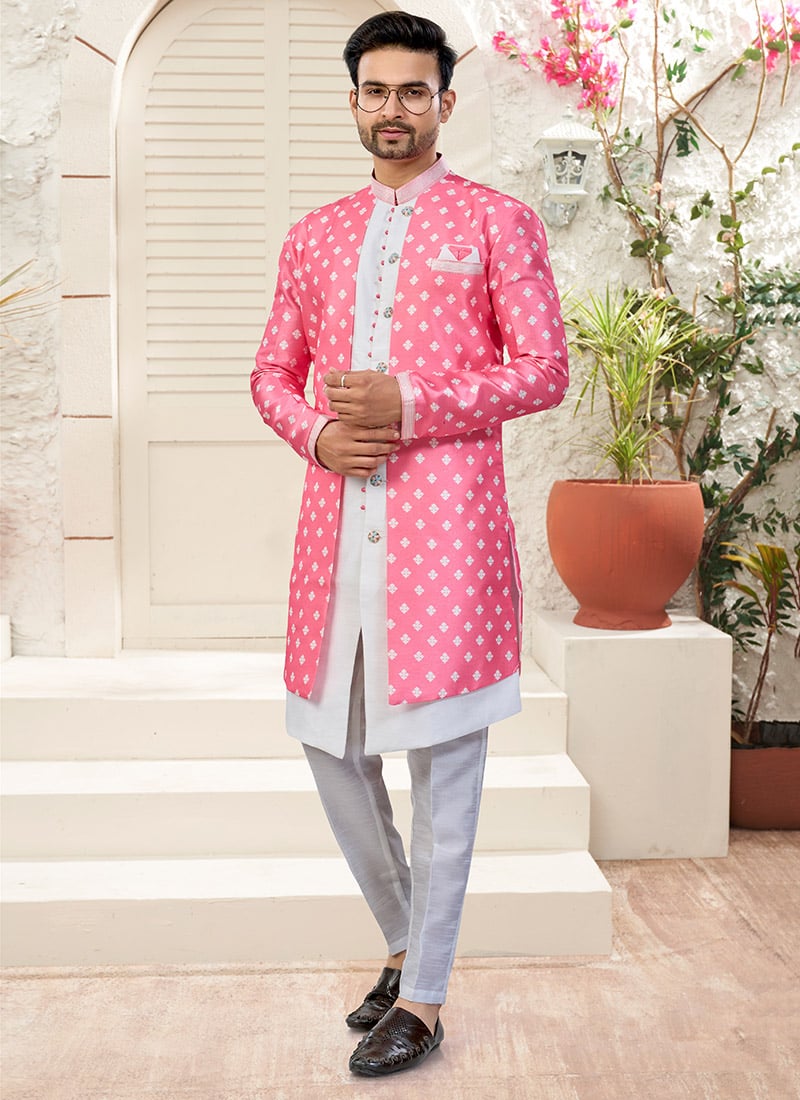 Pink Malbari Banarasi Silk Printed Indowestern Sherwani Wedding Wear