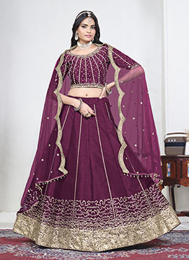 Pink Maroon Silk Embroidered Sequins Umbrella Lehenga