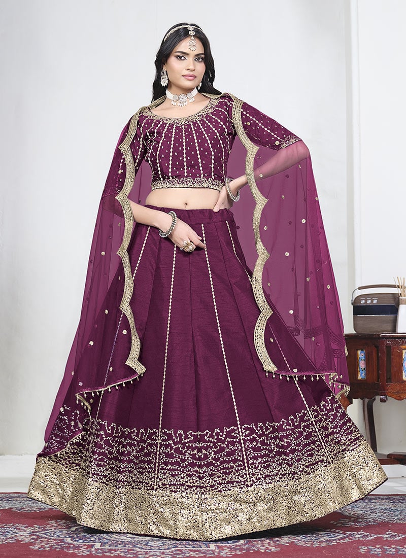 Pink Maroon Silk Embroidered Sequins Umbrella Lehenga Festive Wear
