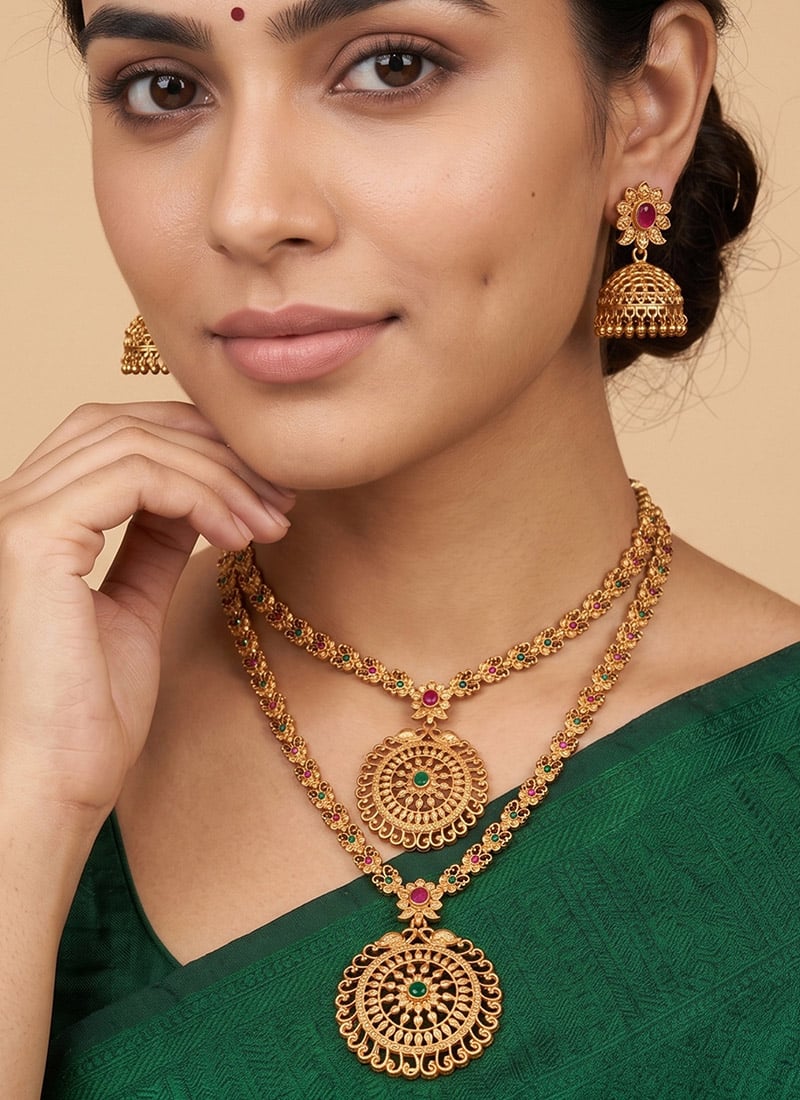 Pink Matte Gold Double Layer Pendant Necklace Set Festive Wear