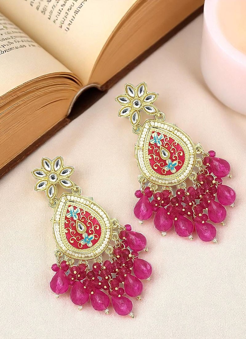 Pink Meenakari Beads Kundan And Moti Adorned Danglers Festive Wear