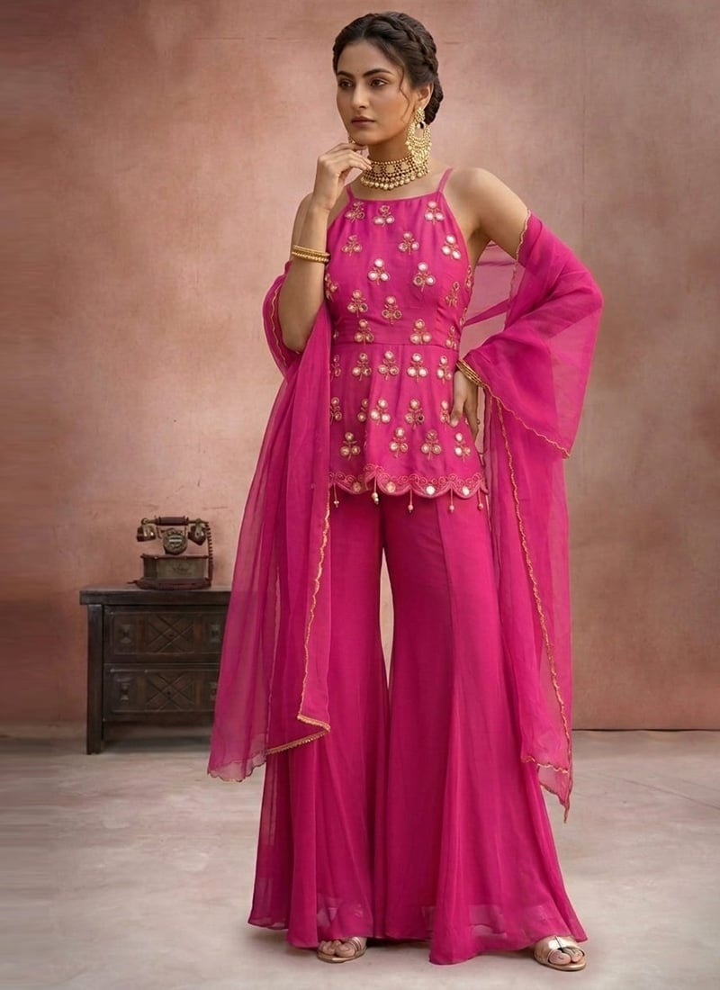 Pink Mirror Work With Zari Silk Palazzo Suit Festive Wear