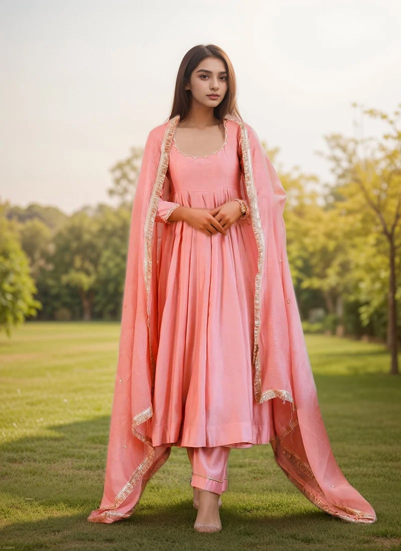 Pink Modal Silk Moti Hand Embroidered Anarkali Suit