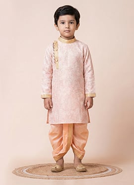 Pink Mono Cotton Polyester Printed Kids Boys Kurta Dhoti Set