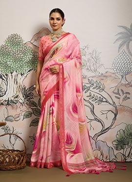 Pink Moss Polyester Digital Print Zari Saree