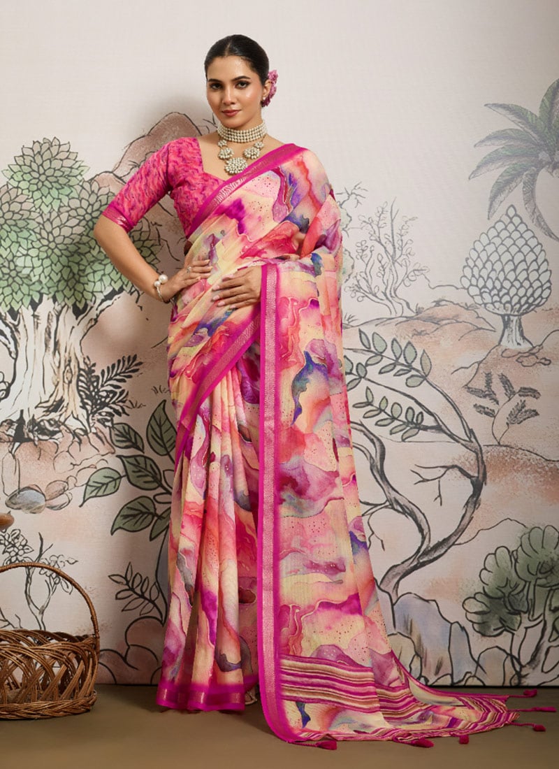 Pink Moss Polyester Digital Print Zari Saree After Six Wear