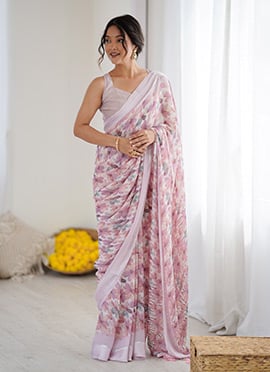 Pink Moss Satin Floral Digital Print Saree