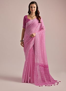 Pink Muga Cotton Woven Jamdani Saree