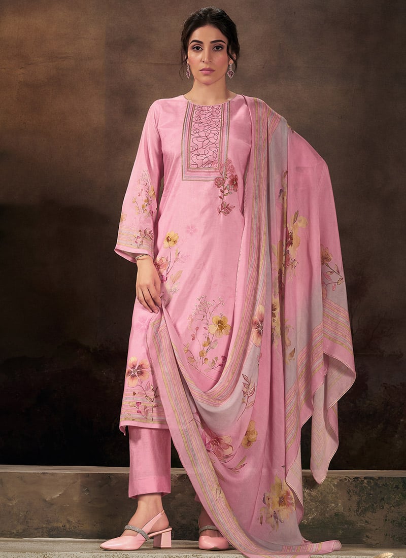 Pink Muslin Digital Print Embroidered Straight Pant Suit After Six Wear