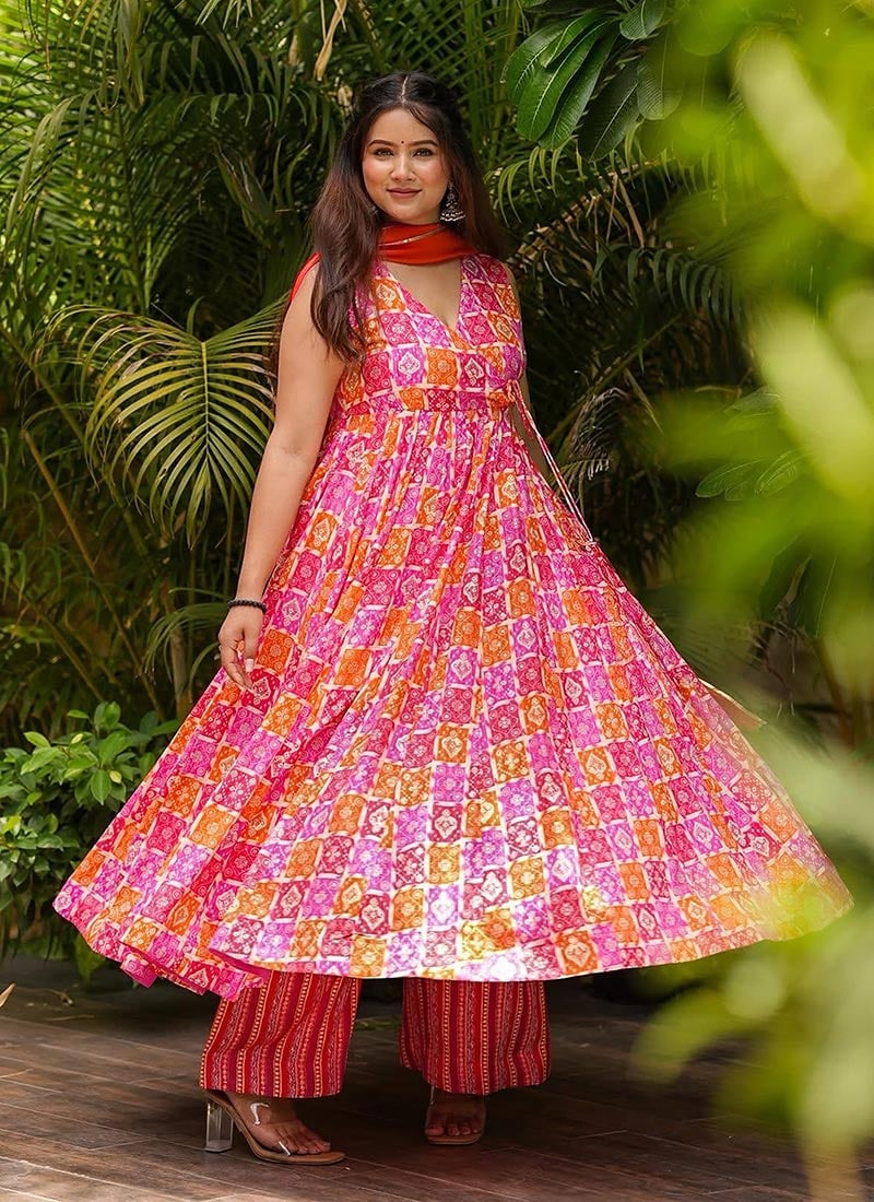 Pink Muslin Digital Print Flared Anarkali Suit After Six Wear