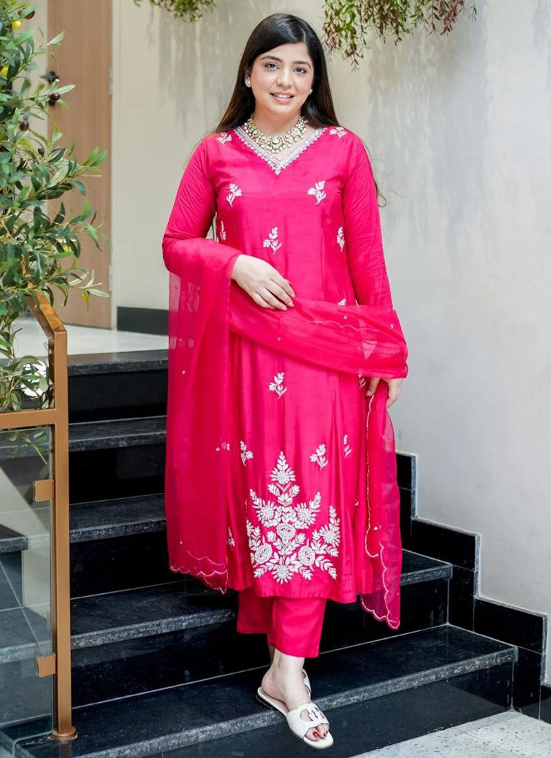 Pink Muslin Embroidered Sequins Straight Pant Suit Festive Wear